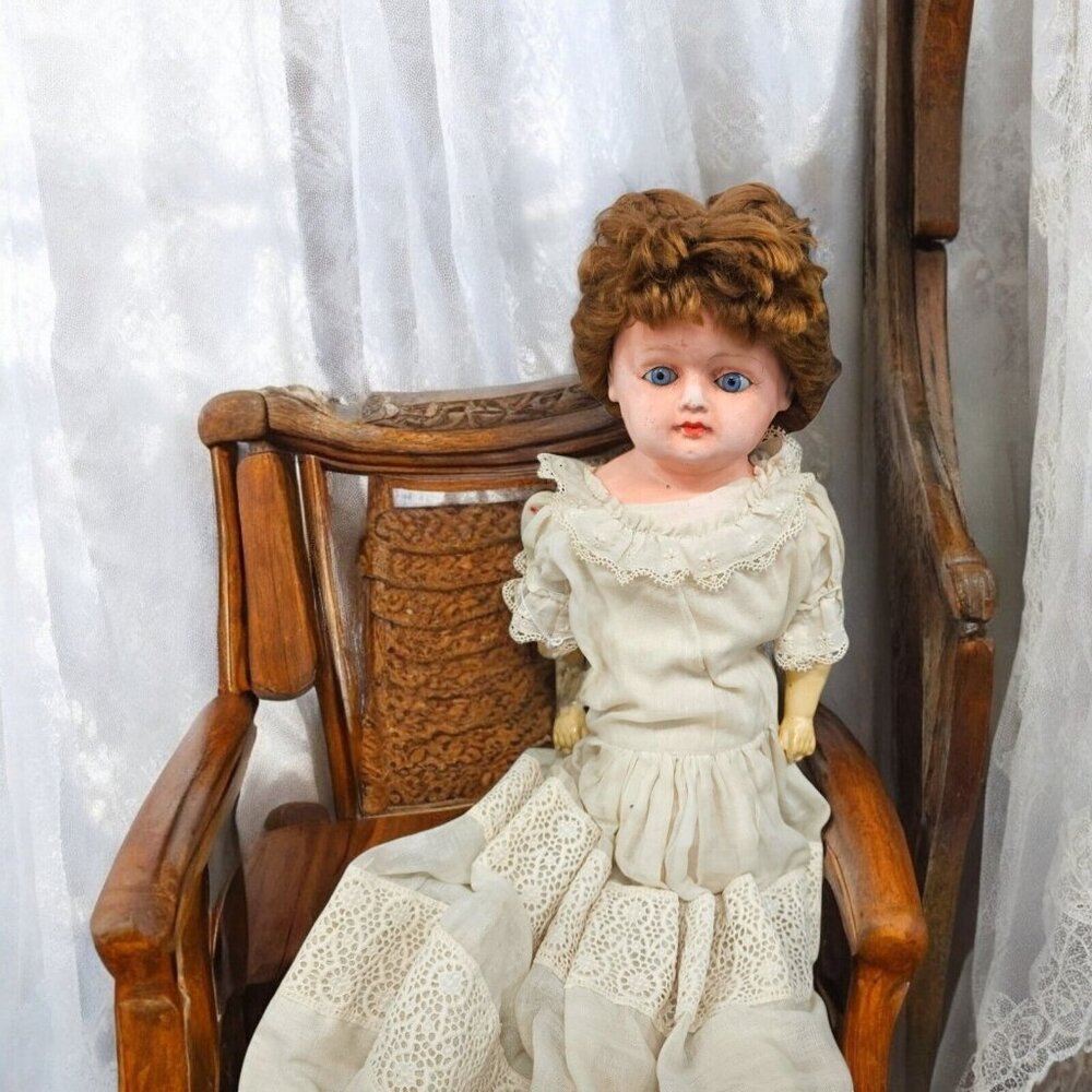 Antique German Bisque Doll Red Hair Blue‎ Eyes Straw Stuffed 27" No Markings
